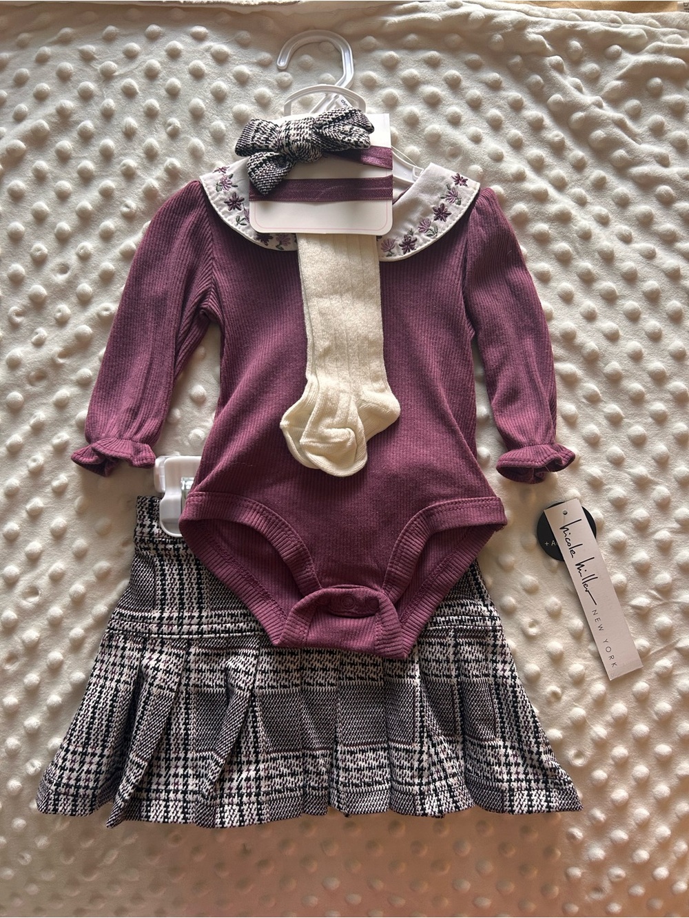Nicole Miller Ribbed Bodysuit W/ Plaid Skirt & Cream Tights 0-3m. New w/ tags.
